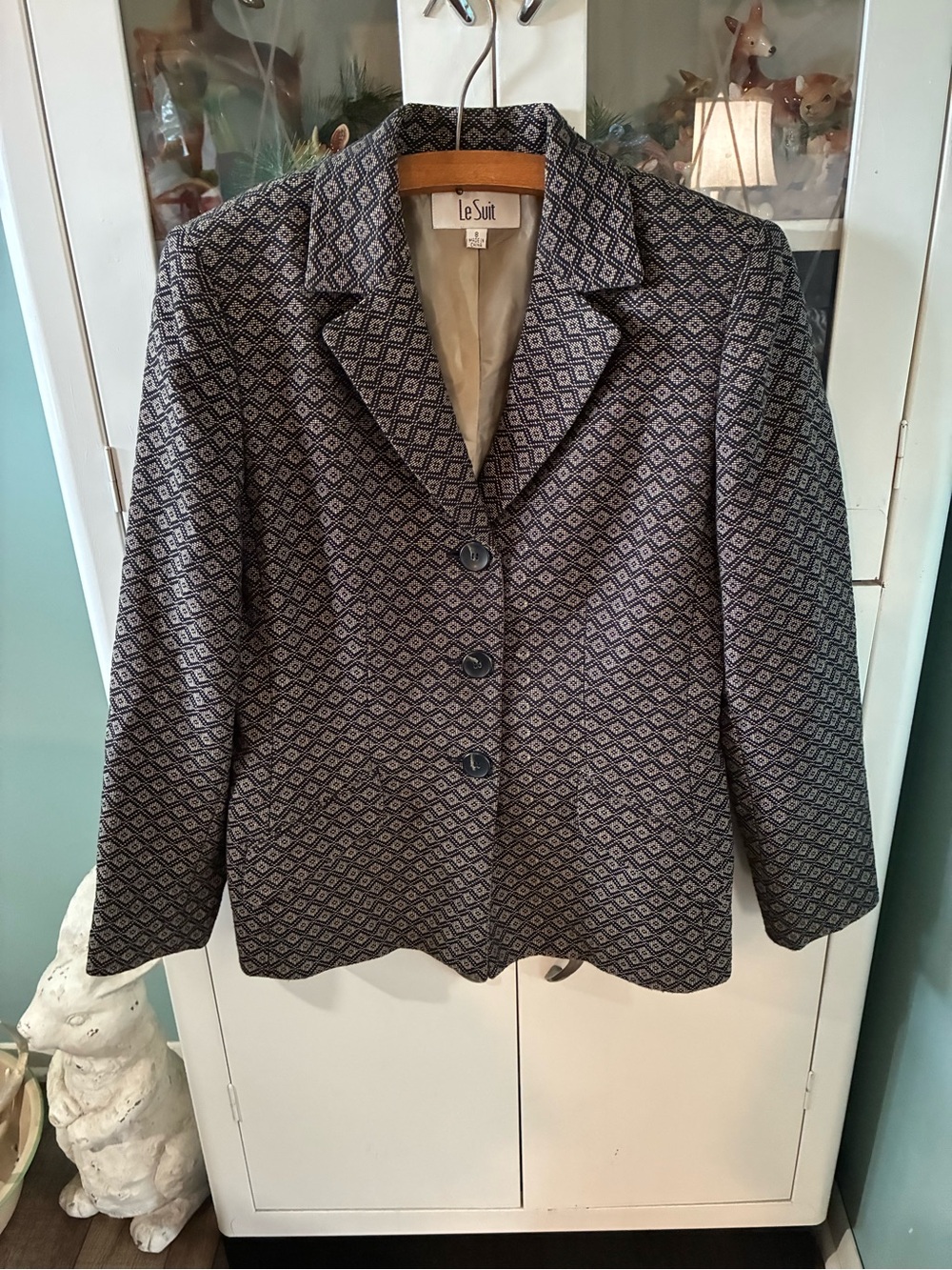 Le Suit sz 8 Women's Patterned Black and Gray Blazer euc